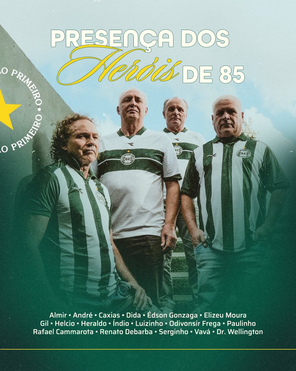 Coritiba's tweet image. Domingo, 27 de julho de 2025. Vamos viver um momento 𝐡𝐢𝐬𝐭𝐨́𝐫𝐢𝐜𝐨 no Alto da Glória.
Os 𝑪𝒂𝒎𝒑𝒆𝒐̃𝒆𝒔 de 1985 vão receber a homenagem pelos 40 anos do título Brasileiro.
Chegue cedo! A cerimônia começará às 15h no gramado do Couto Pereira.
#FuiCampeãoPrimeiro 🏆
