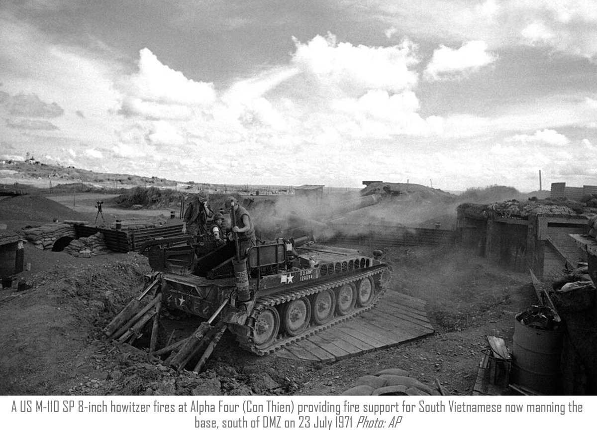 WarsIndo's tweet image. A US M-110 SP 8-inch howitzer fires at Alpha Four (Con Thien) providing fire support for South Vietnamese now manning the base, south of DMZ on 23 July 1971