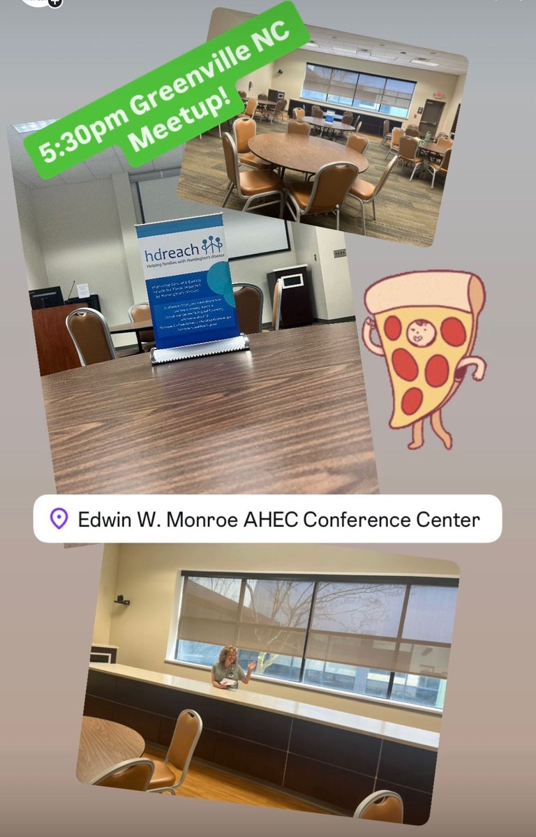 HDReach's tweet image. Greenville NC meetup at 5:30pm tonight! Come hang out!
ECU Monroe Convention
2000 Venture Tower Dr, unit 200, Greenville, NC
We have pizza!
#hdreach #meetup #huntingtonsdisease #curehd #curejhd #ecu