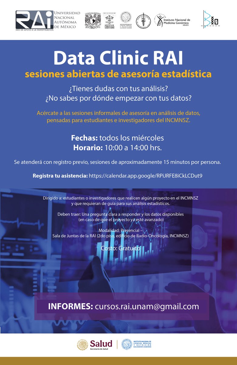 incmnszmx's tweet image. Acércate a las sesiones informales de asesoría en análisis de datos, pensadas para estudiantes e investigadores del INCMNSZ.
Todos los miércoles
Horario: 10:00 a 14:00 horas
Registra tu asistencia: calendar.app.google/RPiJRFE8iCkLCD…