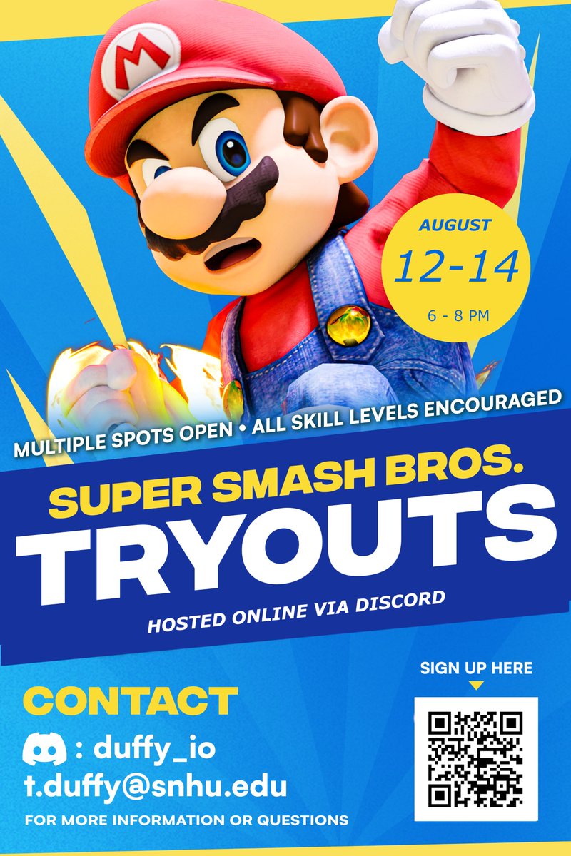 SNHU Esports Varsity Smash tryouts happening online Aug 12-14, 6-8pm EST.

Multiple open spots.

All skill levels encouraged to tryout!

See graphic for additional details.