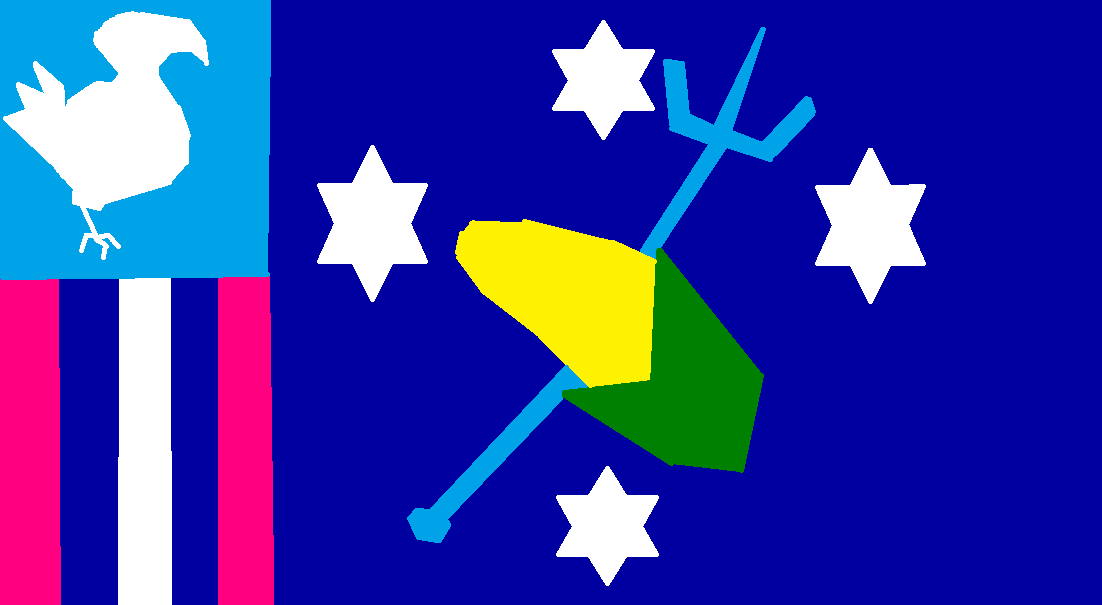 DickSmaII's tweet image. I make flag!
Corn = corn.
Blue fork = Trident.
Pink = Love + Peace
White = Purity
Bird in corner = Dodo