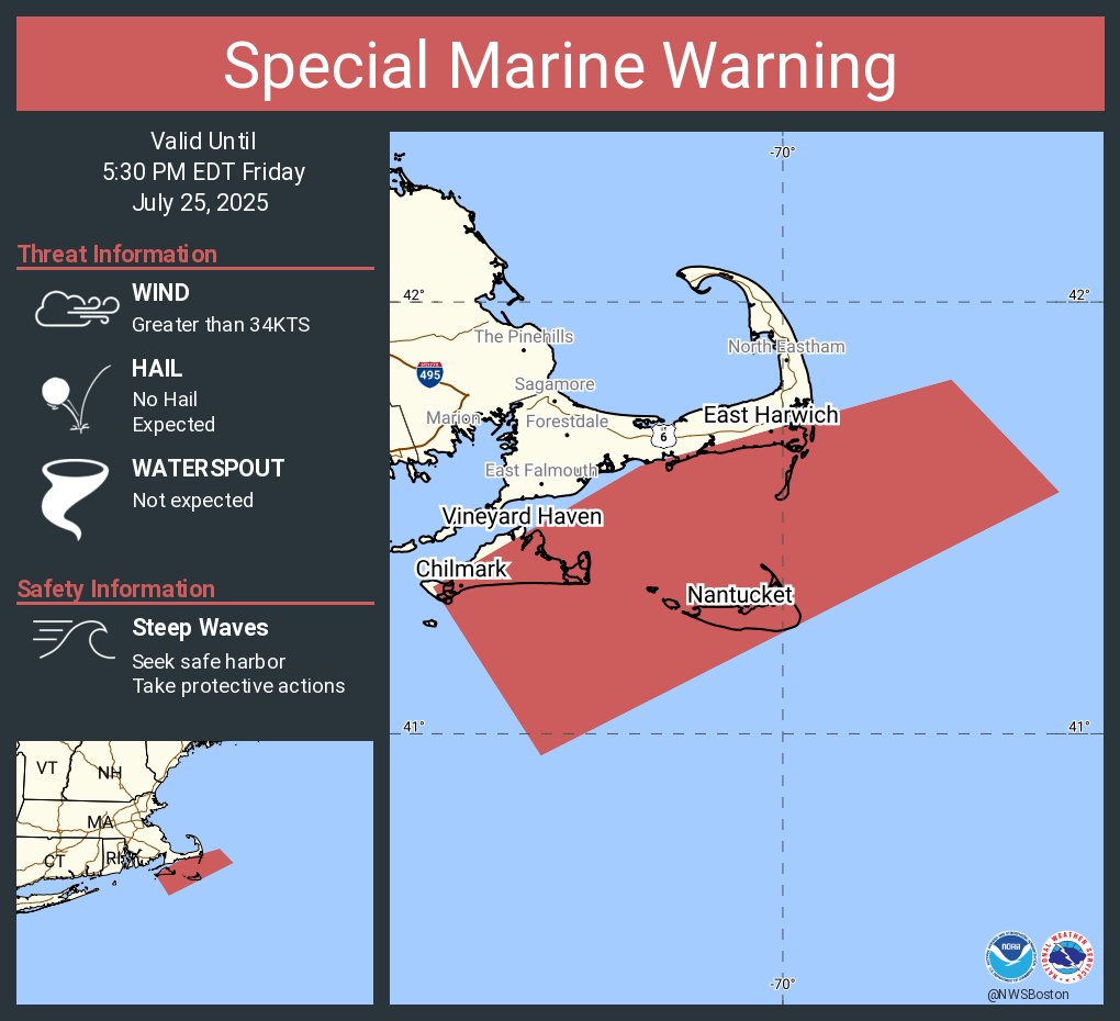 Special Marine Warning including the Coastal waters from Provincetown MA to Chatham MA to Nantucket MA out 20 nm, Ocean Waters from Provincetown to Nantucket from 20 to 35 NM offshore, Nantucket Sound, Rhode Island Sound and Vineyard Sound until 5:30 PM EDT