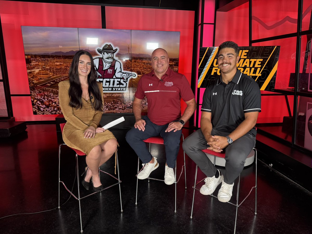Coach_TSanchez's tweet image. A little @NMStateFootball 🏈 talk this afternoon with @KTSMtv @kellyhoryczun @fife_logan #RideForTheBrand #AggieUp