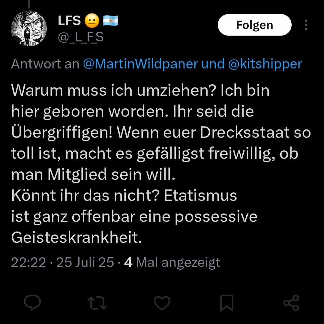 MartinWildpaner's tweet image. Diesem übergriffigen Libertären musste icv erklären dass auch ich hier geboren bin und mir sein System nicht aufzwingen lasse. Hat ihn nicht erfreut, hat geblockt. Sehr libertär 🤣🤣🤣