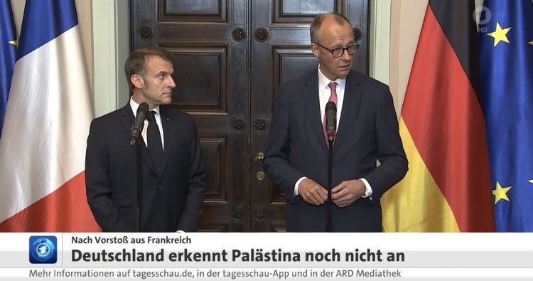 MartinGenier's tweet image. Le président @EmmanuelMacron a échoué à entraîner l’Allemagne 🇩🇪 dans la reconnaissance de l’État palestinien en septembre. Le chancelier @_FriedrichMerz a fait savoir qu’il ne le suivait pas