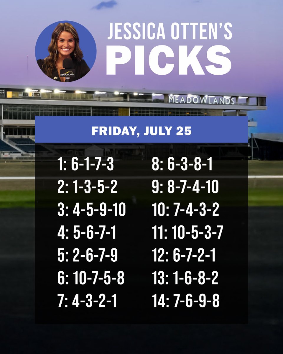 Meadowlands Racing (@themeadowlands) on Twitter photo Selections from <a href="/JessicaOtten1/">Jessica Otten</a> for tonight's cardโผ๏ธ
#PlayBigM #harnessracing
program pages: bit.ly/3lsNUTF Selections from <a href="/JessicaOtten1/">Jessica Otten</a> for tonight's cardโผ๏ธ
#PlayBigM #harnessracing
program pages: bit.ly/3lsNUTF