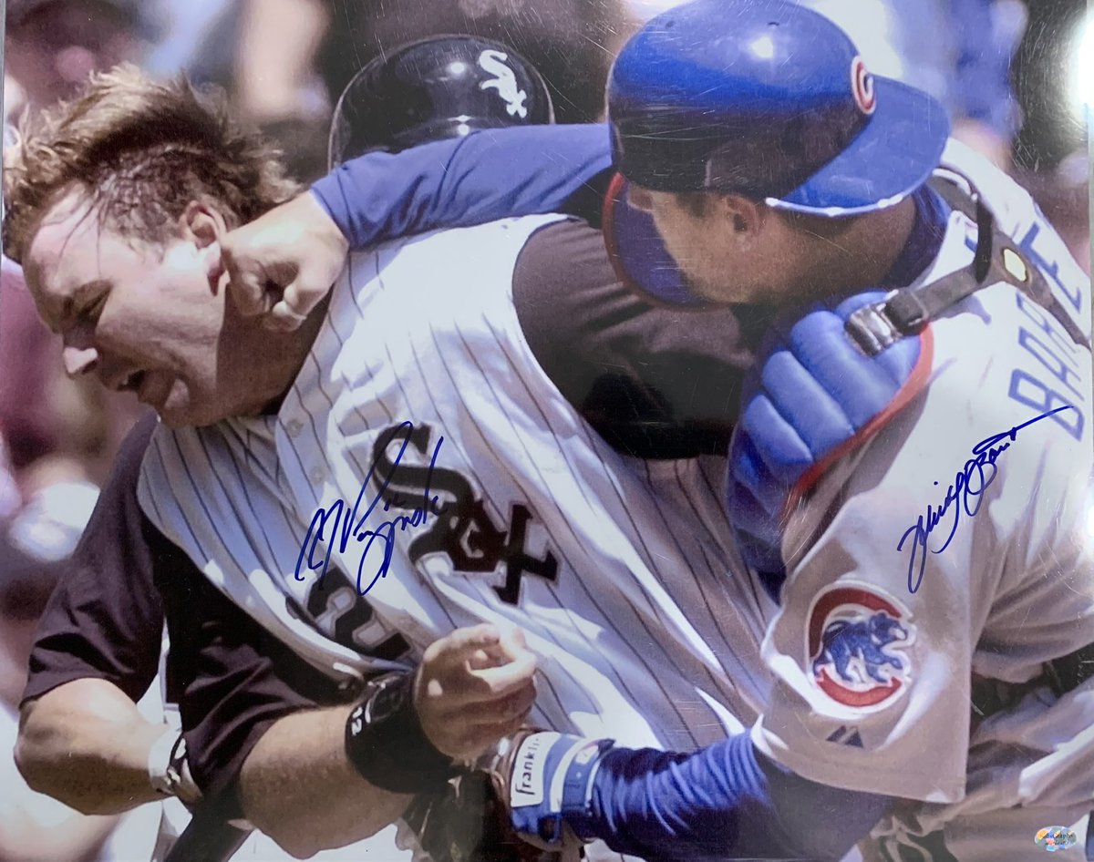 crawlyscubs's tweet image. In honor of the Crosstown Series Southside Edition, a piece from Crawly’s Memorabilia Collection. 16x20 of Michael Barrett punching AJ Pierzynski signed by both players !