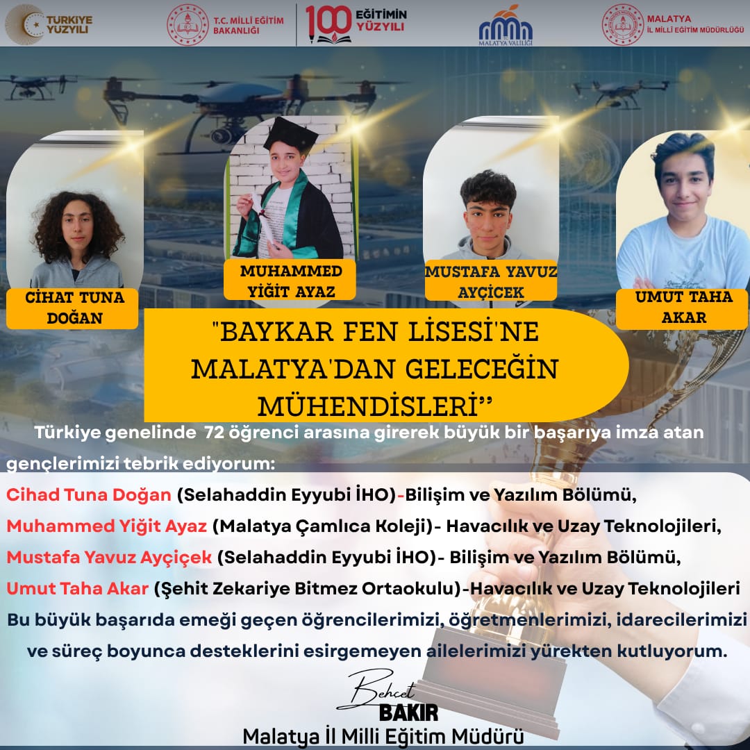 Büyük Başarı! 🚀

Baykar Fen Lisesi’nde Geleceğin Mühendisleri ! Millî Eğitim Bakanlığı, Baykar Makina Sanayi ve Ticaret A.Ş. ile Türkiye Teknoloji Takımı Vakfı iş birliğiyle kurulan Baykar Fen Lisesi, teknoloji ve mühendislik alanlarında yetkin bireyler yetiştirmeyi hedefliyor.