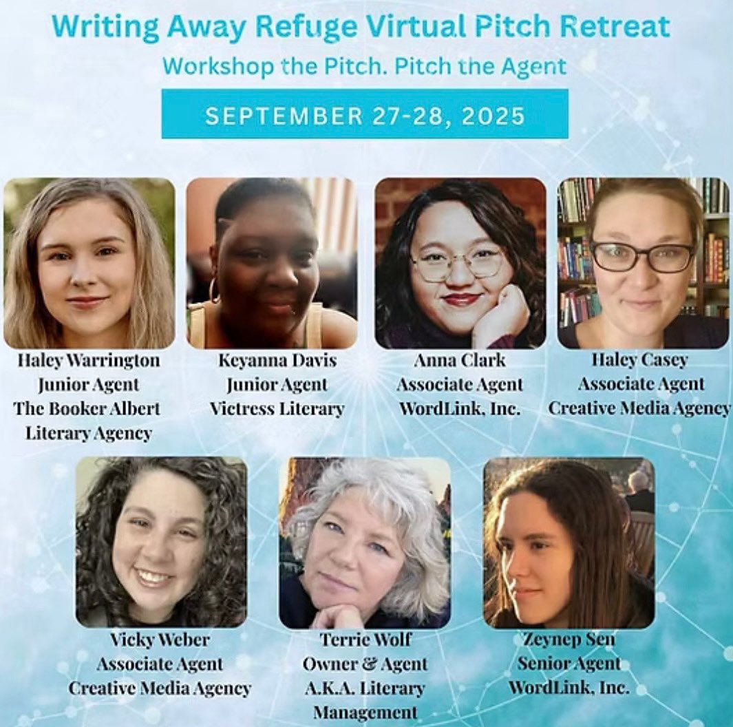 **A few of our agents only have 5-6 pitch slots remaining** Sept. 27-28 Writing Away Refuge Zoom Pitch! Workshops, practice pitches &amp; pitches with 7 agents, for one low price. #writingcommunity #writingawayrefuge #writer #amquerying #amwriting #writerslife
writingawayrefuge.com/copy-of-writin…