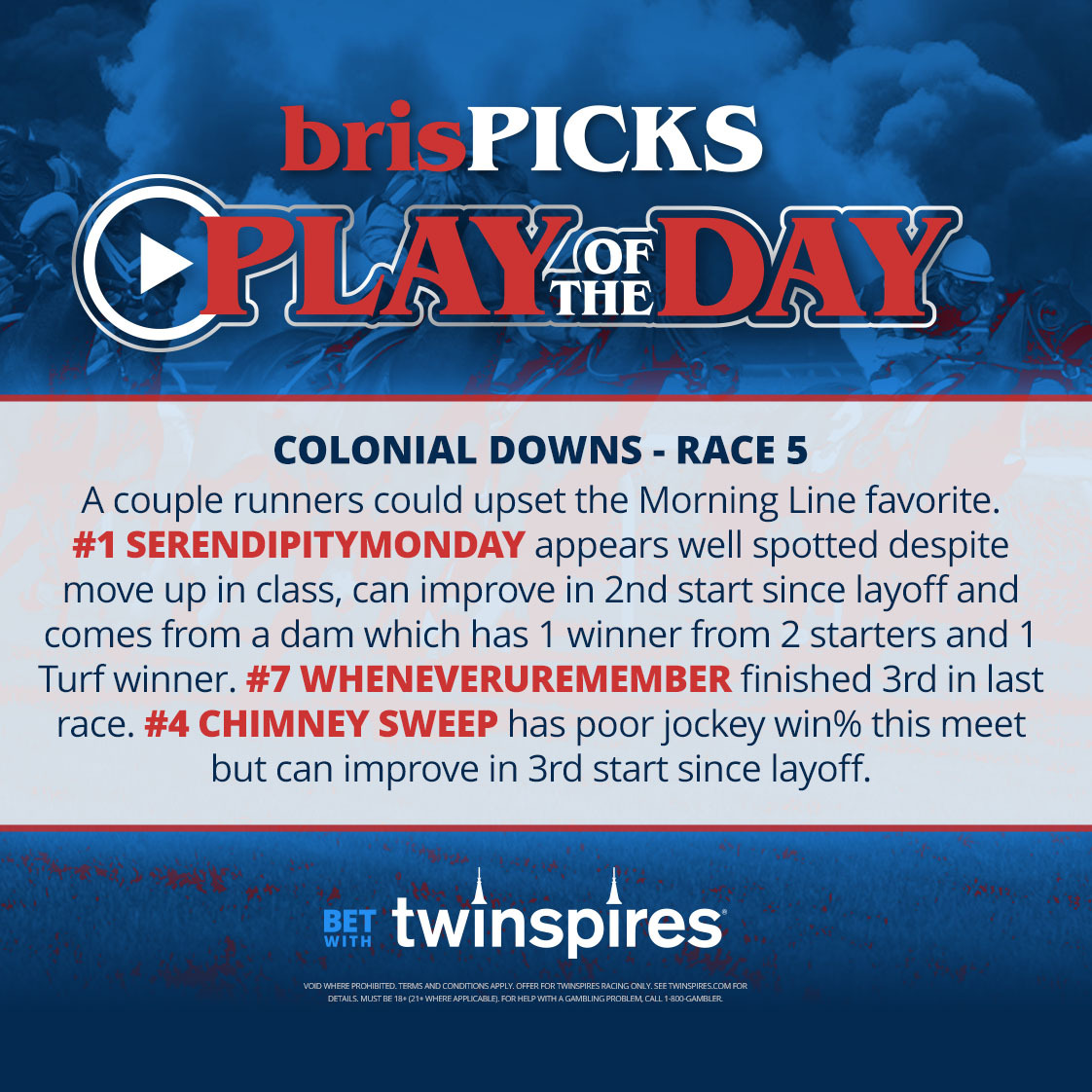 Brisnet's tweet image. Today's brisPICKS play of the day lands in race 5 at @ColonialDowns! 🤩
📱 Bet tonight's races with @TwinSpires: spr.ly/6018fM1Tn