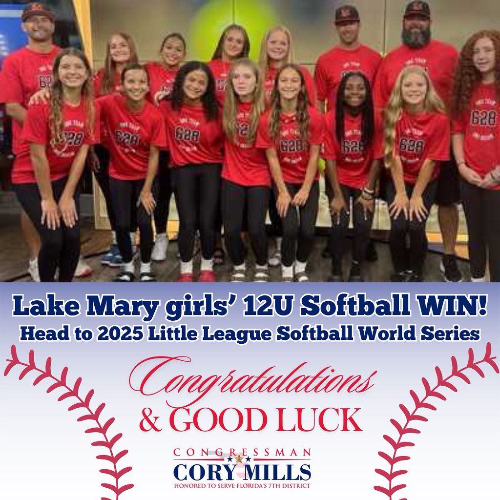 RepMillsPress's tweet image. Congratulations to our very own Lake Mary girls 12U softball team on making it to the 2025 Little League Softball World Series!
We are rooting for you!