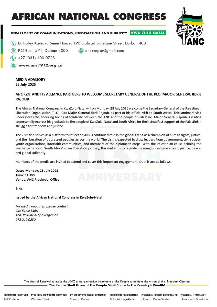 ANCKZN's tweet image. ANC KZN AND ITS ALLIANCE PARTNERS TO WELCOME SECRETARY GENERAL OF THE PLO, MAJOR GENERAL JIBRIL RAJOUB