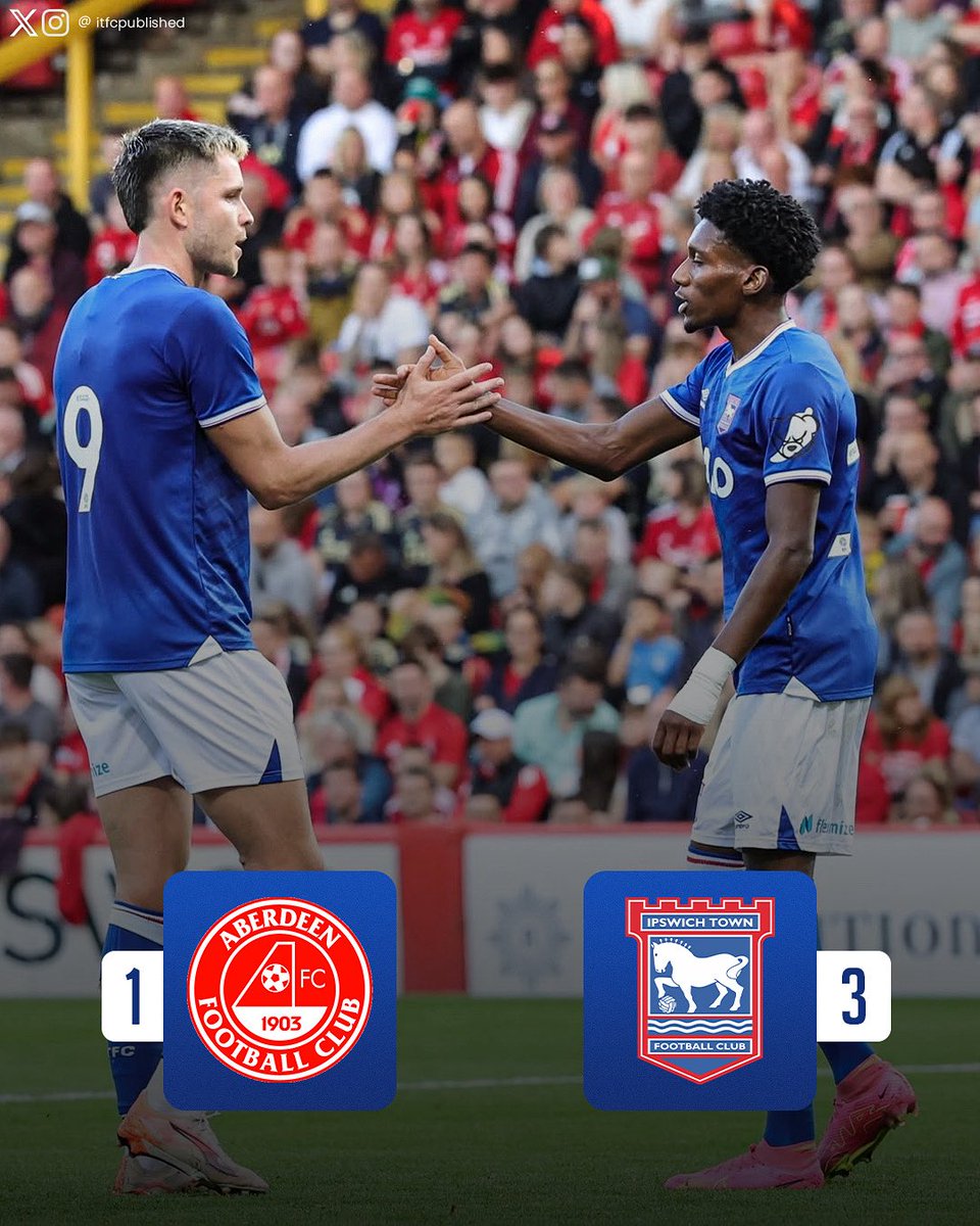 itfcpublished's tweet image. β±οΈ π
πππ ππππ | Aberdeen 1-3 Ipswich Town.
Townβs second pre season game has ended 3-1 in Scotland with Jaden Philogene scoring a brace and George Hirst pouncing on a loose ball to get his third this pre season. π
#itfc