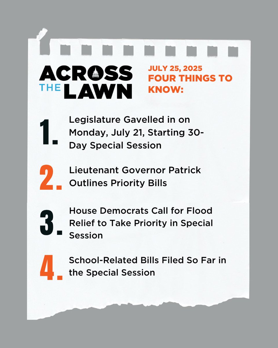 RYHTexas's tweet image. In this week’s Across the Lawn, Special Session gavels in, Lieutenant Governor Patrick outlines priority bills, House Dems call for flood relief, and two school-related bills have been filed (eliminating STAAR and property tax relief).
raiseyourhandtexas.org/texasspecialse…
#HB4 #TxEd #TxLege…