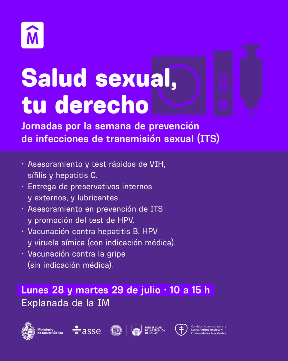 Semana de Prevención de ITS  🏥

Este lunes 28 y martes 29 te esperamos en la explanada con actividades para promover el autocuidado y la prevención de infecciones de transmisión sexual. 

📆10 a 15 h
📍Av. 18 de julio 1360