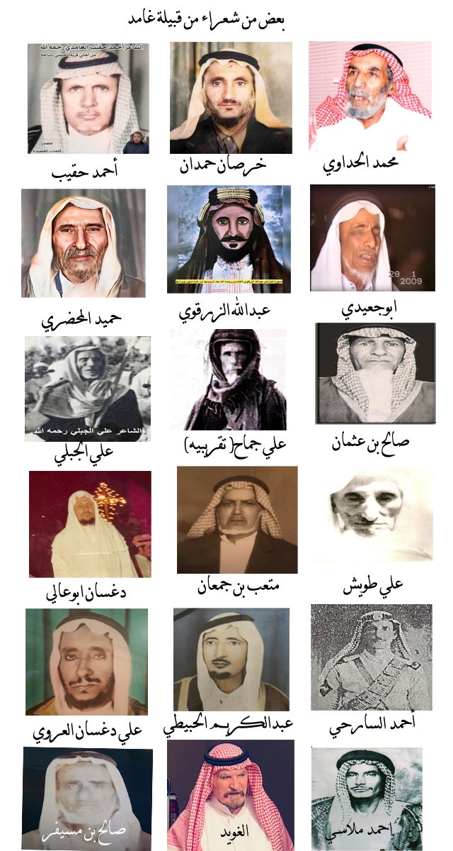 شعراء من قبيلة #غامد عاشوا رحمهم الله في فترات متفاوتة في زمن كان الشاعر لسان القرية ولسان القبيلة 
تجده في المقدمة فصيح اللسان بليغ المنطق حكيم في تصرفاته وصاحب شور ويحل المشاكل
فكم من شاعر استطاع ان يفك مشاكل كثيرة كادت أن تقع فيها حروب فاحتوى الموضوع وحلّه
استطعت تجميع صور
