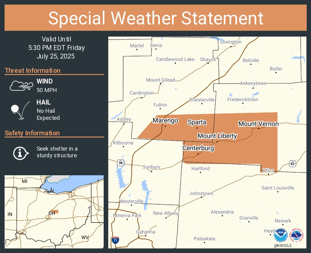 NWSCLE's tweet image. A special weather statement has been issued for Mount Vernon OH, Centerburg OH and Marengo OH until 5:30 PM EDT
