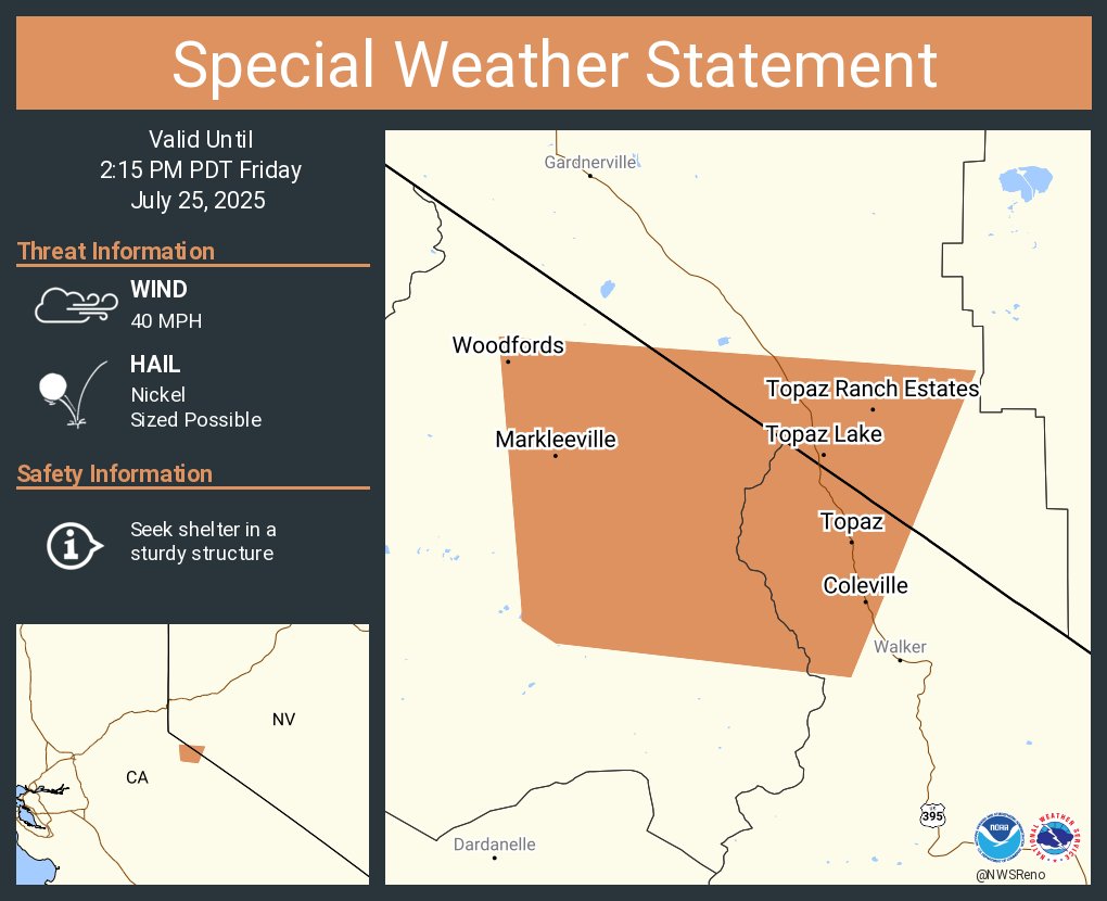 NWSReno's tweet image. A special weather statement has been issued for Topaz Ranch Estates NV, Coleville CA and Markleeville CA until 2:15 PM PDT #CAwx #NVwx