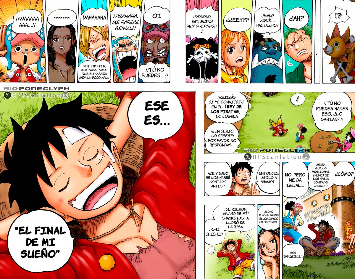 RPScanlation's tweet photo. Hace casi 3 años, Luffy le contaba por fin su sueño a los Mugiwara, de nueva cuenta, como pasó en el momento que se lo dijo a Ace y Sabo, Oda lo censuró. ¿Cuál será el "Final del Sueño de Luffy"? https://t.co/moy0RnW3i6
