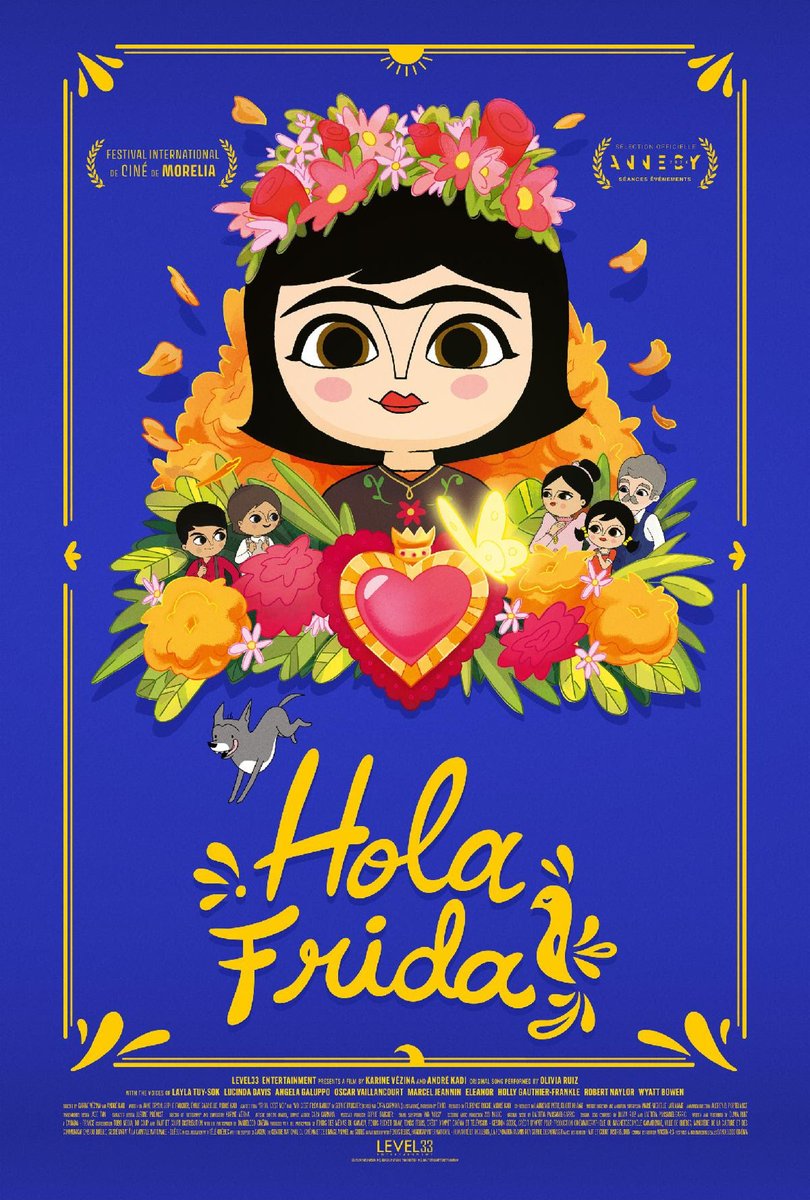VIMOOZ's tweet image. Here is the poster for HOLA FRIDA an animated feature film that introduces a new generation to one of the most iconic artists of the 20th century—Frida Kahlo. Opens in theaters on August 8th.