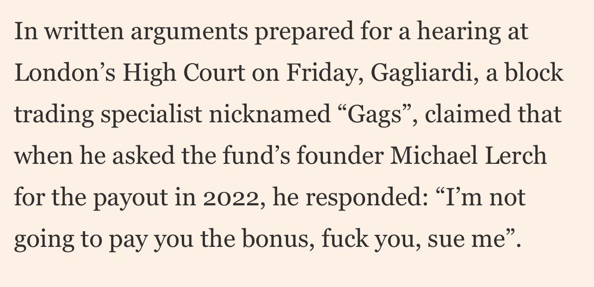 Tobeech's tweet image. A trader at a hedge fund claimed he made 97% of the funds revenue and is now suing his boss over poor bonus 😭