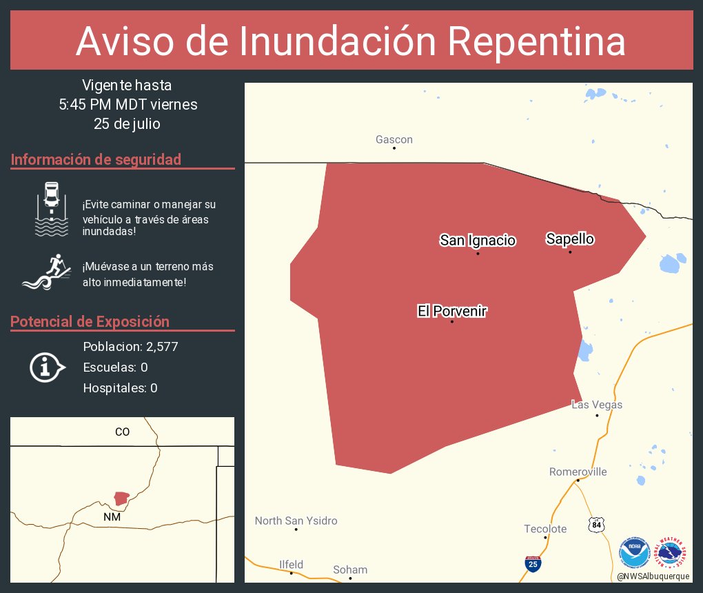 Aviso de Inundación Repentina incluye El Porvenir NM, San Ignacio NM, Sapello NM hasta las 5:45 PM MDT