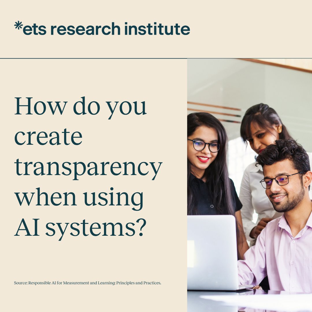 ETSresearch's tweet image. Transparency is key – especially when using AI.
It’s important to provide stakeholders with clear, comprehensive & accessible information so they can understand & make informed decisions about using AI systems.
🔗 Find other best practices for using AI: ets.org/Media/Research…