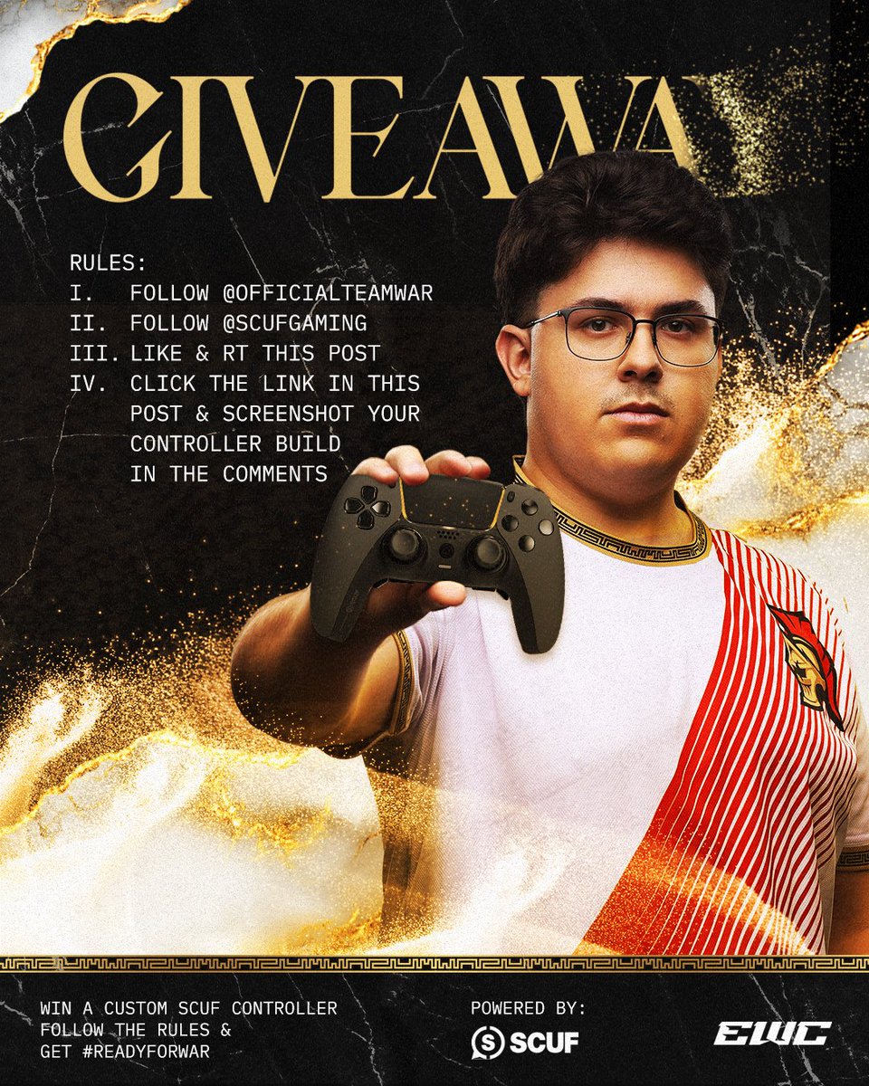 OfficialTeamWaR's tweet image. 🚨SCUF GIVEAWAY ALERT🚨
🎮 HOW TO WIN A CUSTOM CONTROLLER:
1️⃣ Follow @OfficialTeamWaR + @ScufGaming
2️⃣ ❤️ Like + 🔁 Retweet this post
3️⃣ 🛠️ Build your dream controller at Scuf.co/TEAMWAR and reply with a screenshot 👇
⏳ Winner picked in 1 week - 8/1