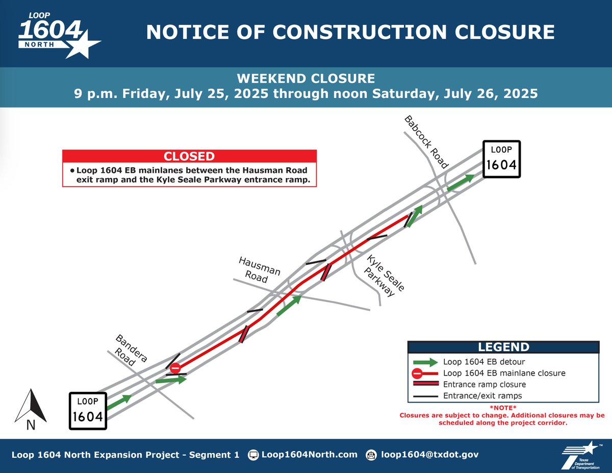TxDOTSanAntonio's tweet image. LOOP 1604: Various weekend closures across the corridor from 9 p.m. Friday (7/25) until 5 a.m. Monday (7/28). Major impacts limited to overnight and Saturday mid-day. I-10 interchange will be open Sunday.
Details ➡️ bit.ly/3J1wcCa
Subscribe ➡️ Loop1604North.com