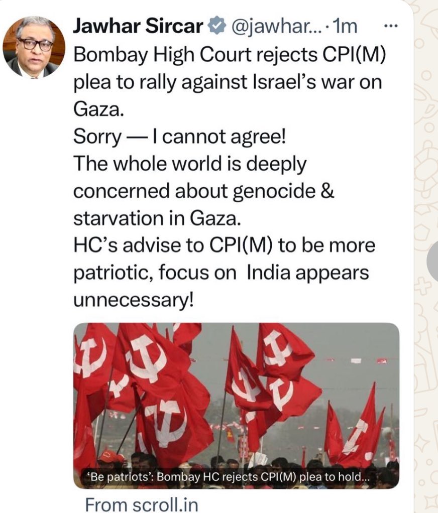 <a href="/jawharsircar/">Jawhar Sircar</a> What is happening to our country!! The judges should then question the Mahatma why he fought against racial discrimination in South Africa
Shameful . <a href="/cpimspeak/">CPI (M)</a>  must challenge this. We must stand against genocide perpetrated by Israel against Palestinians.