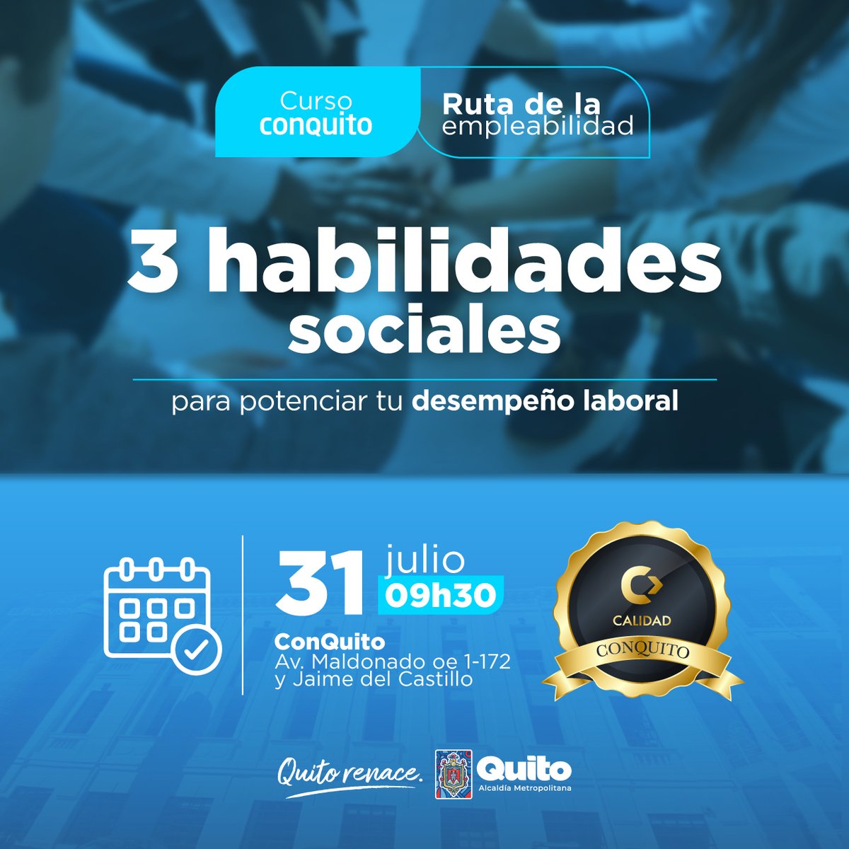 📢 #AprendeConQuito | Te invitamos al curso “3 habilidades sociales para potenciar tu desempeño laboral”. Aprende a mejorar tu comunicación, fortalecer relaciones laborales y gestionar emociones en el trabajo.

¡Inscríbete sin costo ahora! 👇
conquito.org.ec/formacion/3-ha…

#QuitoRenace
