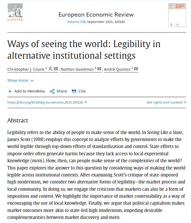 In the European Economic Review, <a href="/ccoyne1/">Christopher Coyne</a>, <a href="/AndrQuintas5/">André Quintas</a> &amp; I build on James C. Scott's work on legibility. We compare how legibility is developed across alternative institutional settings.