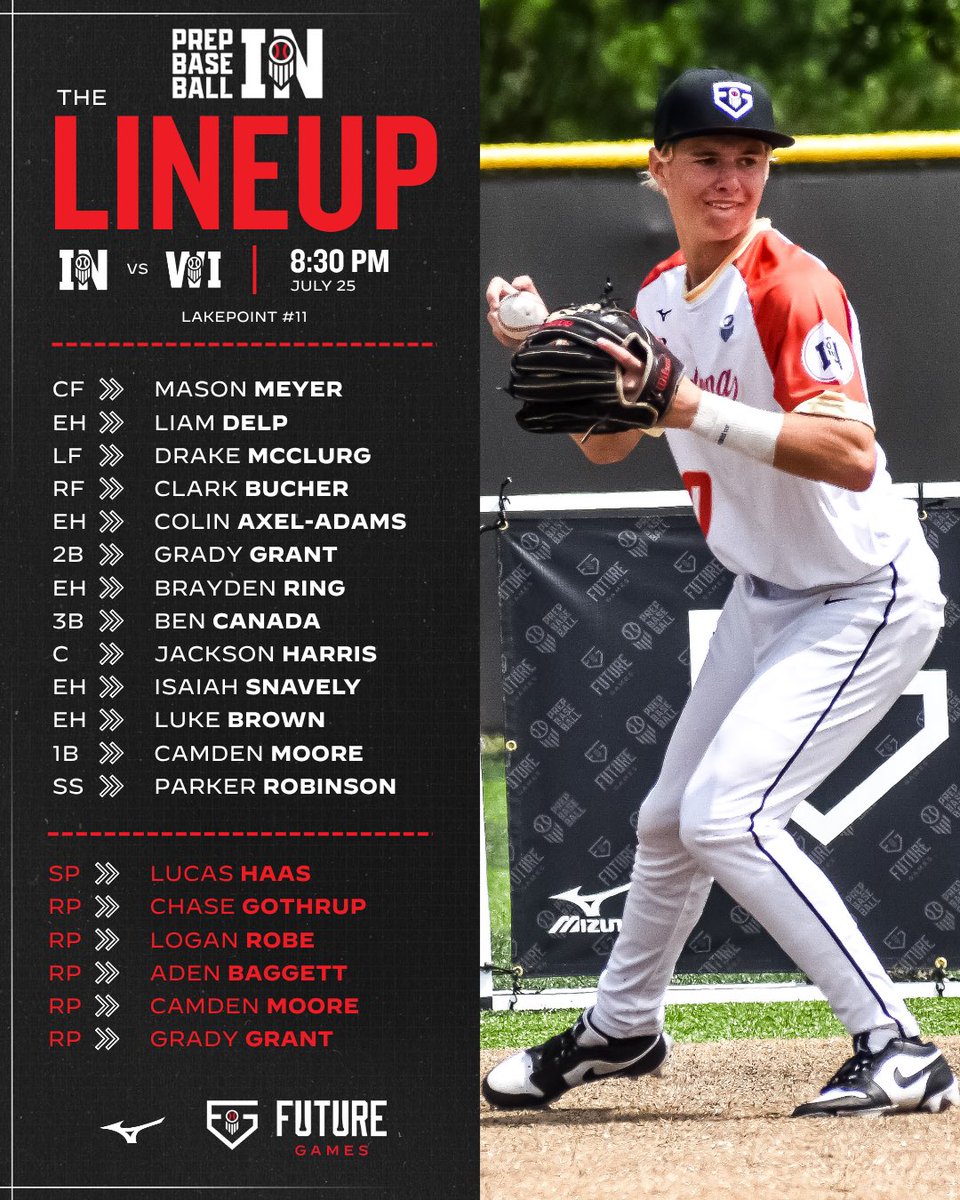 Prep Baseball Indiana (@prepbaseballin) on Twitter photo ๐ฃ๐ฎ๐ช๐ถ ๐๐ท๐ญ๐ฒ๐ช๐ท๐ช ๐๐ฒ๐ท๐ฎ๐พ๐น
Starting lineup & batting order for tonightโs matchup under the lights vs <a href="/PrepBaseballWI/">Prep Baseball Wisconsin</a>โผ๏ธ
โฐ 8:30 PM
๐ LP #11
๐บ loom.ly/lt50WjY
BP on the field @ 7:15. Lucas Haas gets the ball to start.
#TeamIndiana || #PBFG25 ๐ฃ๐ฎ๐ช๐ถ ๐๐ท๐ญ๐ฒ๐ช๐ท๐ช ๐๐ฒ๐ท๐ฎ๐พ๐น
Starting lineup & batting order for tonightโs matchup under the lights vs <a href="/PrepBaseballWI/">Prep Baseball Wisconsin</a>โผ๏ธ
โฐ 8:30 PM
๐ LP #11
๐บ loom.ly/lt50WjY
BP on the field @ 7:15. Lucas Haas gets the ball to start.
#TeamIndiana || #PBFG25