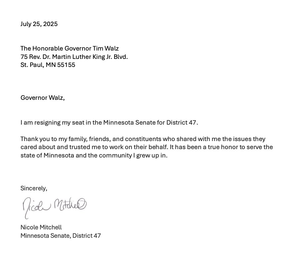 Update: Mitchell did indeed resign today. Here's her letter to Walz: 

Special election to come.