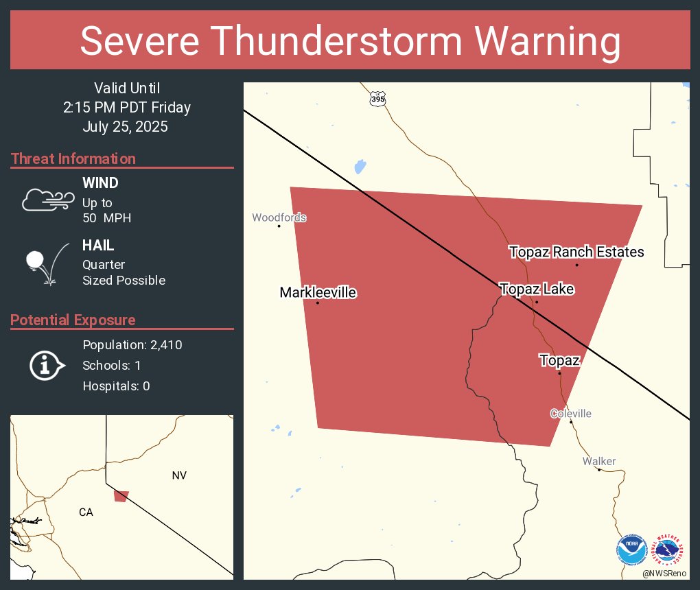 NWSReno's tweet image. Severe Thunderstorm Warning including Topaz Ranch Estates NV, Markleeville CA and Topaz Lake NV until 2:15 PM PDT