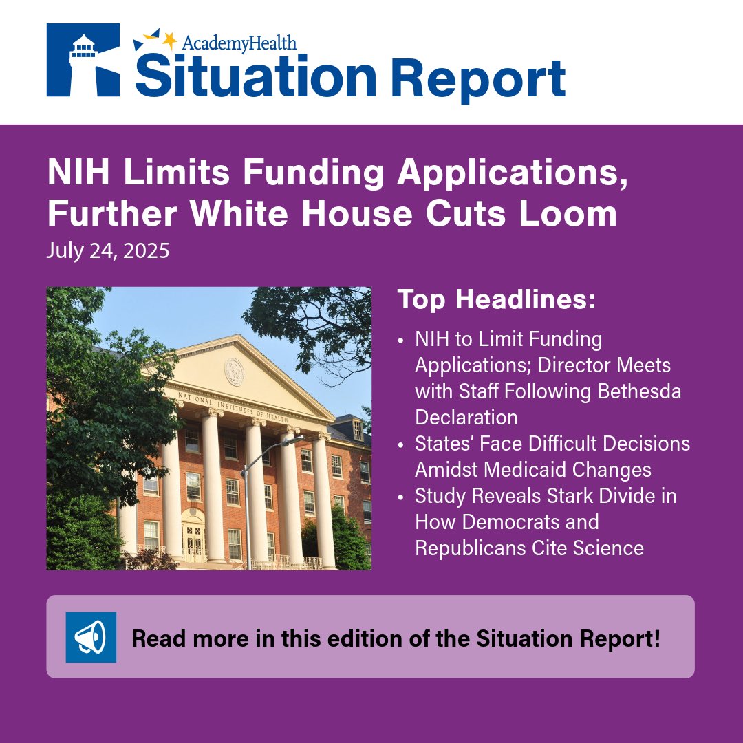 aaronecarroll's tweet image. Medicaid cuts. Politicized science. Disappearing health data. If you care about evidence-based policy (and I do), you’ll want to read this new Situation Report from @AcademyHealth: academyhealth.org/blog/2025-07/a…