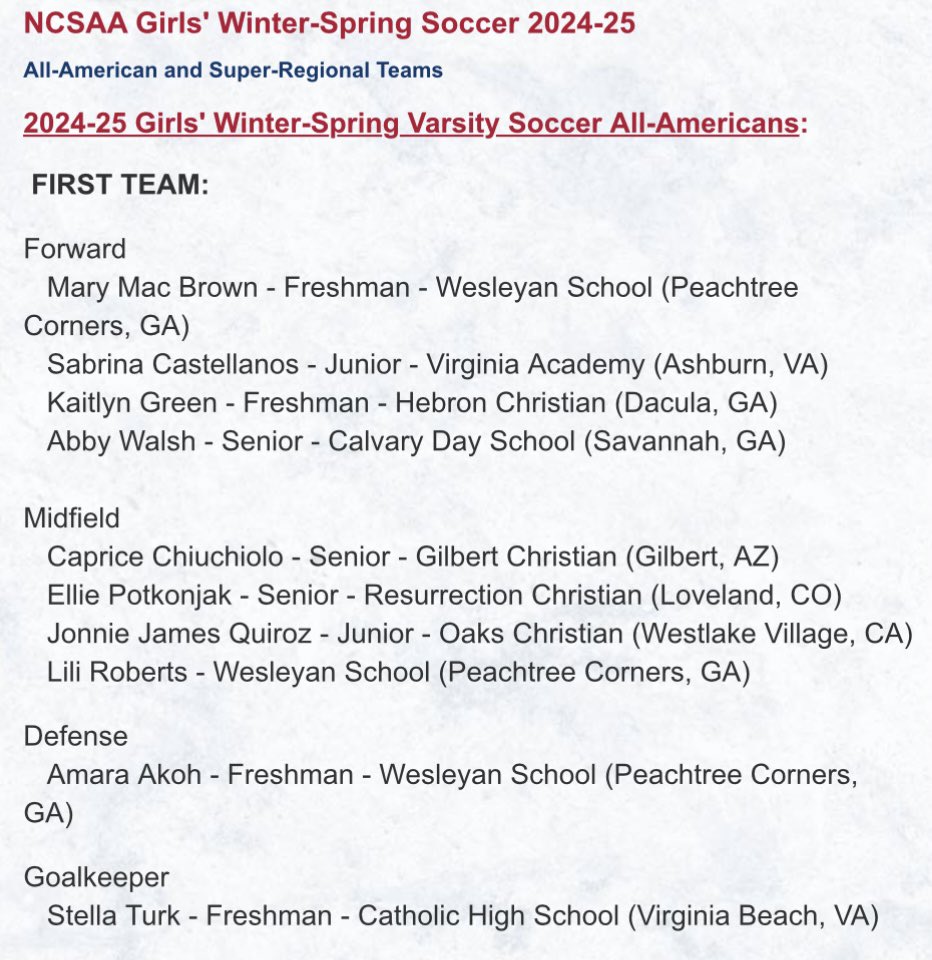 Honored to have been selected First Team All-American by the NCSAA for the 3rd year in a row!