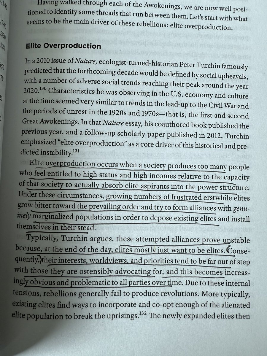 "Elite overproduction occurs when a society produces too many people who feel entitled to high status...and try to form alliances with genuinely marginalized populations in order to depose existing elites and install themselves in their stead." press.princeton.edu/books/hardcove…