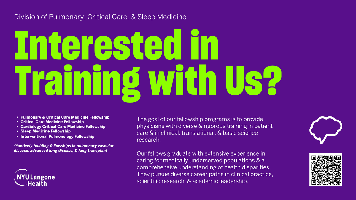 NYULangonePCCSM's tweet image. 🎓 From pulmonary & critical care to sleep medicine & interventional pulm, our training programs offer diverse, rigorous experiences in clinical care, research, & leadership. Ready to train with us?
🌐 Learn more: bit.ly/4jJlWvn
#MedEd #PCCM #SleepMedicine #CriticalCare