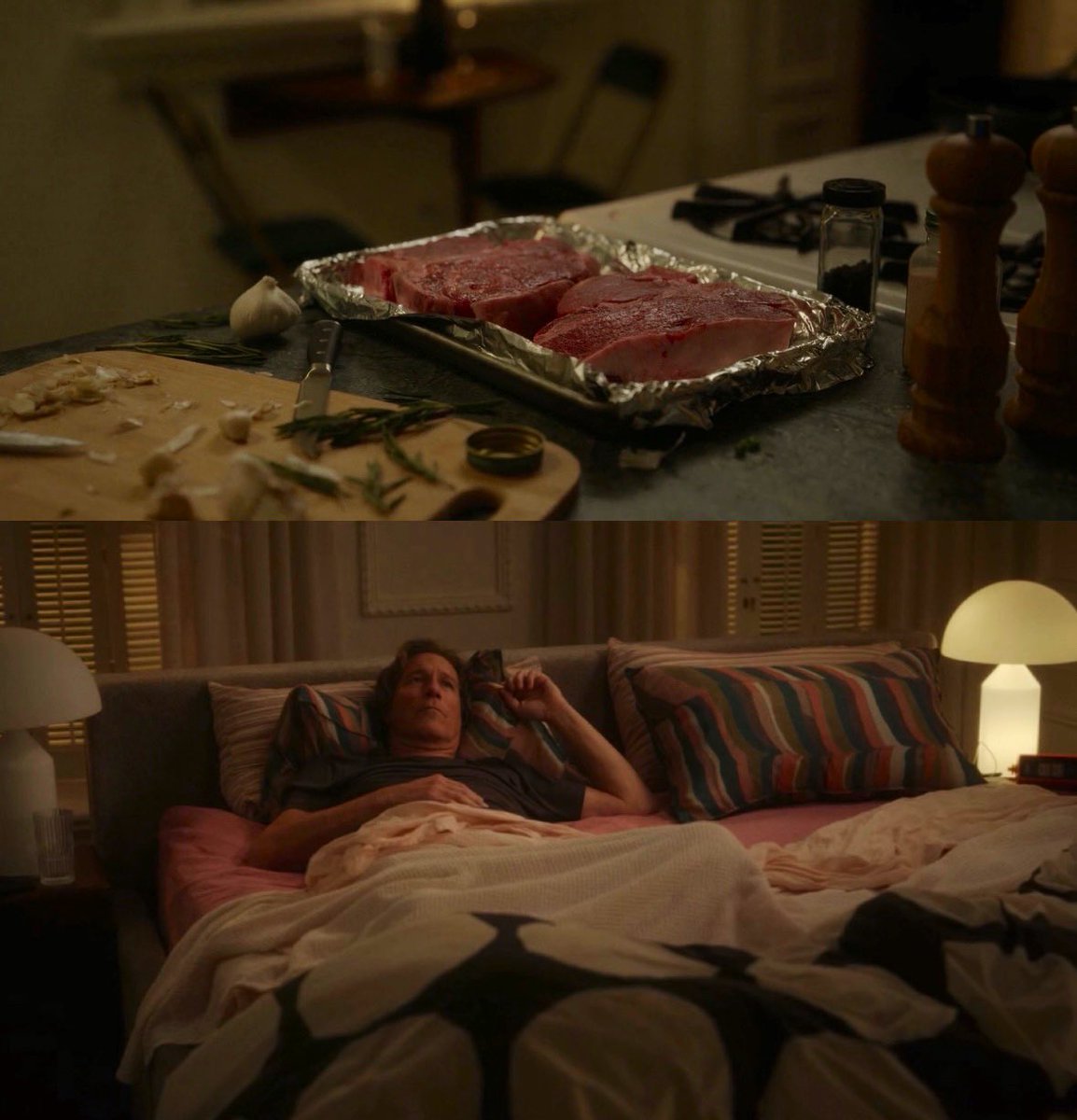 His drama queen ass left these steaks out for hours to sit there in the kitchen and went to bed hungry waiting for Carrie with this angry kid expression when she told him she doesn't know when she will be home  #AndJustLikeThat