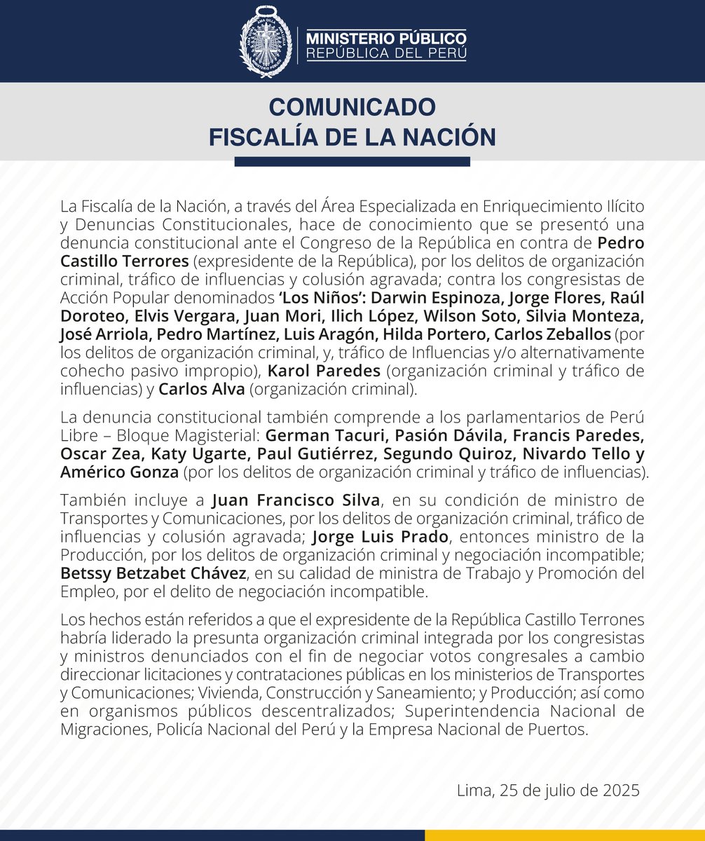 FiscaliaPeru's tweet image. 🚨#Comunicado | Fiscalía de la Nación, a través del Área de Enriquecimiento Ilícito y Denuncias Constitucionales, presentó denuncia constitucional ante el @congresoperu contra el expresidente de la República, Pedro Castillo Terrones; congresistas de Acción Popular (denominados…