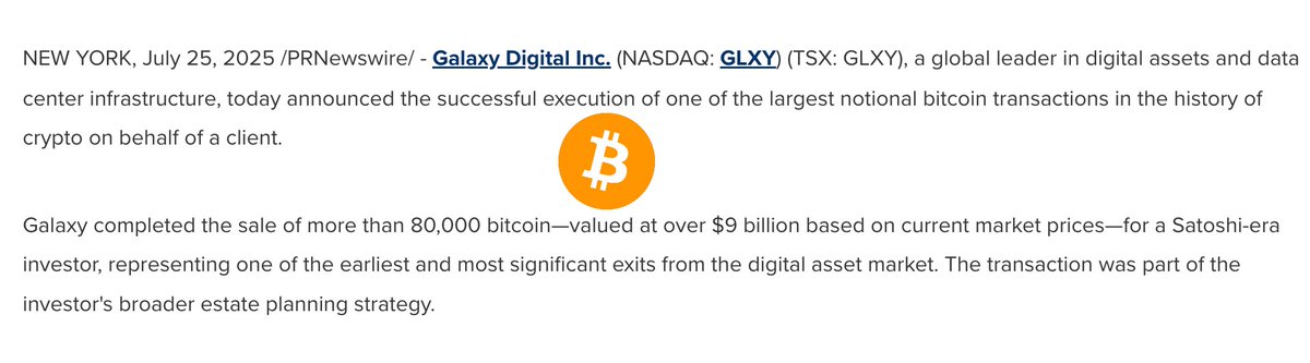【速報】Galaxy Digitalが、ビットコイン史上最大級となる取引、8万BTC超（総額90億ドル以上）の売却を完了したと発表