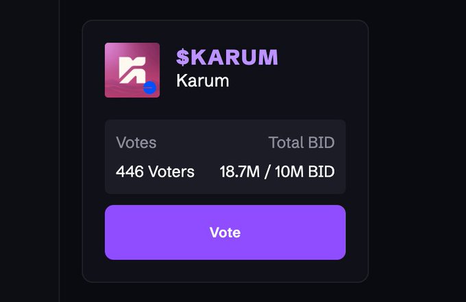 CreatorBidのKarumトークン投票画面、446人の投票者と18.7M / 10M BIDを表示