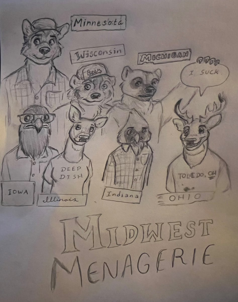 thoroughblessed's tweet image. Concept art for “Midwest Menagerie”, which would feature cartoon animal representations of the U.S. States of the Midwestern region.
Concept art of cartoon animal representations of the Dakotas, Nebraska, Kansas, and Missouri are underway.