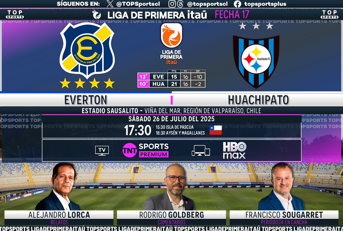 TOPSportscl's tweet image. #LigadePrimeraItaú ⚽️🇨🇱 Fecha 17
#Everton - #Huachipato
🎙️ Relatos: @alorcad11
🗣️ Comentarios: @polaco_goldberg
🏟️ Cancha: @Sougarret
#⃣ #MatchdaySábado - #LigadePrimera
🖥️ @TNTSportsCL Premium
📱💻 @StreamMaxLA 🇨🇱
🔃❤️