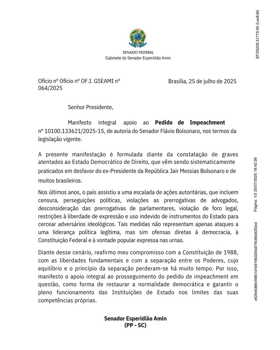 esperidiaoamin_'s tweet image. Enviei ofício ao presidente do Senado, @davialcolumbre, manifestando meu apoio ao novo pedido de impeachment do ministro Alexandre de Moraes protocolado neste dia 23 pelo senador @FlavioBolsonaro.