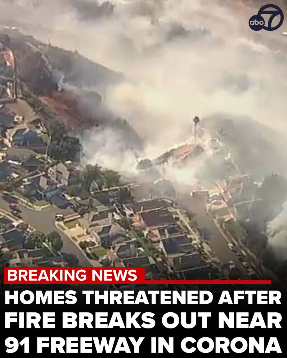 #BREAKINGNEWS: Firefighters have mounted an aggressive ground and aerial attack after a fire threatening homes broke out in Corona near the interchange of the 91 and 71 freeways. Authorities say it possibly started at a homeless encampment. abc7.la/4o694CH