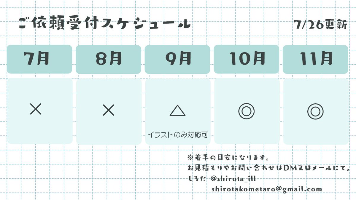 shirota_ill's tweet image. 【ご依頼受付状況📢💭】
現在の受付可能状況です!
料金表等で不明な点やお見積もり等でも、お気軽にご連絡下さい!
(※立ち絵やデータが無い場合細かなお見積もりやモデリング枠の確保は難しいです。詳細が必要な方は予めデータをご用意ください)
#イラスト依頼 #Live2D依頼…