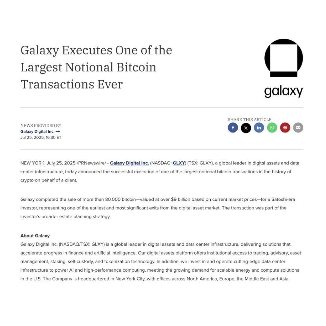 JUST IN: Galaxy confirms someone sold $9 BILLION Bitcoin after buying it 14  years ago. Bitcoin absorbed that sell pressure like it was nothing.👌